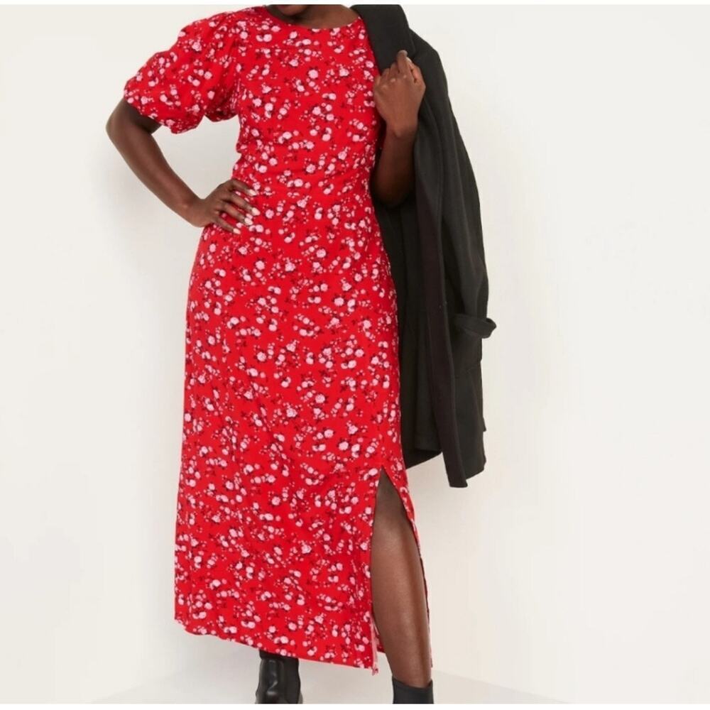 Old Navy Womans Sz XXL Midi Dress Puff Sleeve Floral Red Back Cut Out Smocked - Picture 3 of 9